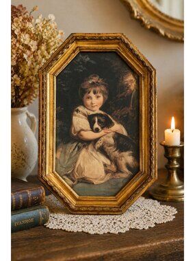 Vintage 70s Gold Frame Girl with Dog Print 13.5" x 9" Victorian Style Decor